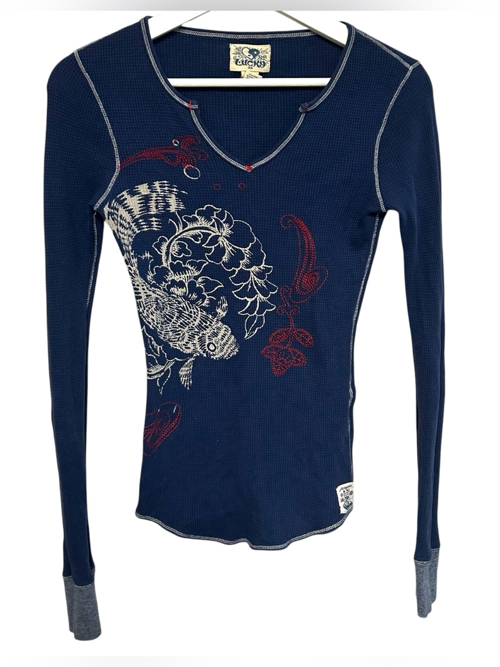 Y2K lucky brand XS waffle thermal shirt embroidered koi floral graphic vintage